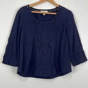 Moulinette Soeurs Anthropologie Blouse Women’s 10 Navy Blue Peasant Eyelet 3/4